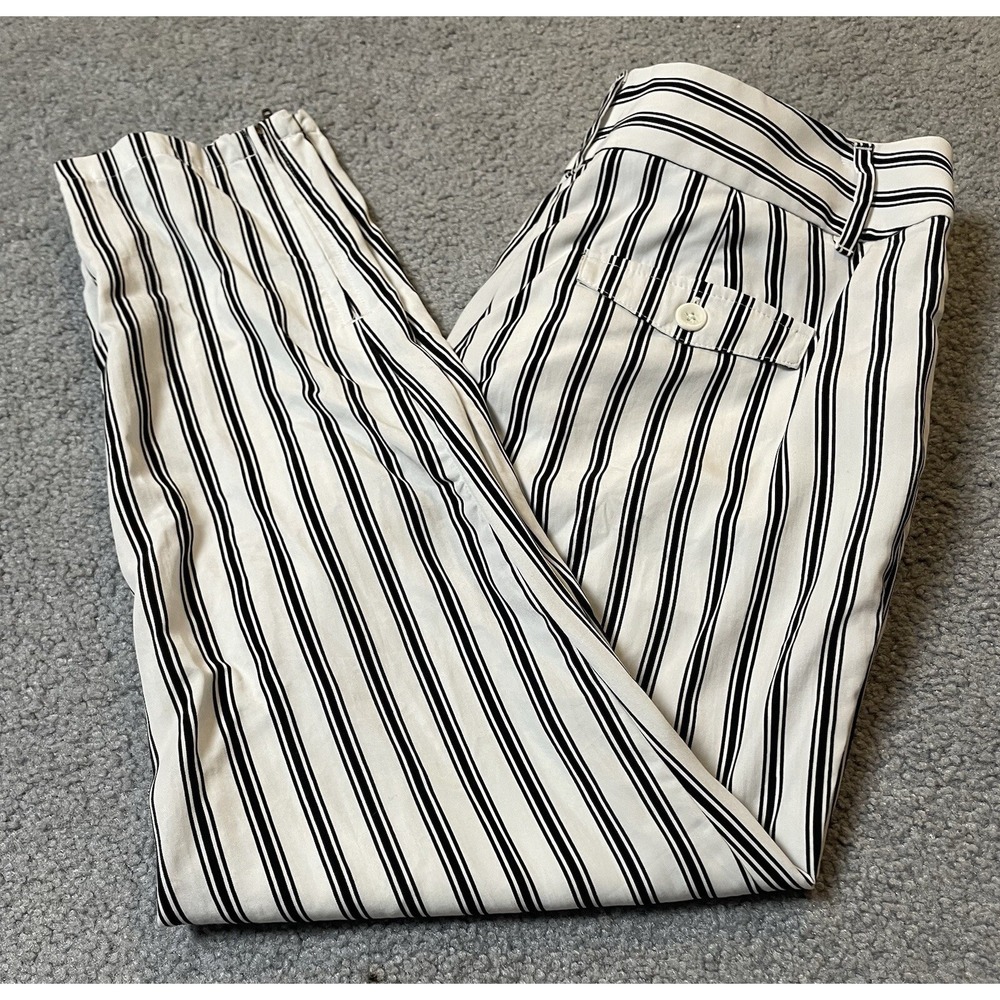 LOFT Marisa Women's Ankle Pants 4 Tapered Ankle Zip Black White Striped Lyocell